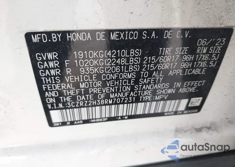 2024 Honda Hr-V Awd Lx from USA, damaged, VIN 3CZRZ2H38RM707231